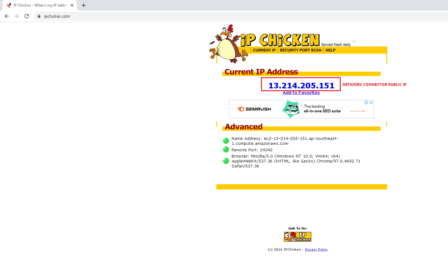 Access ipchicken.com. IP Chicken - What is my IP address? Free public IP  lookup.